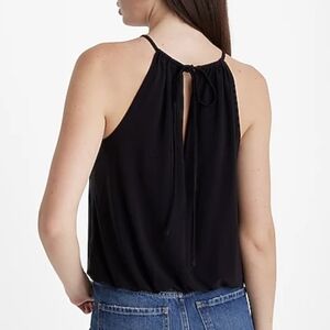 Express black sleeveless halter style draped surplice neckline bubble blouse top